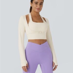 NWOT! HALARA 2 Pcs Stylish Women Long Sleeve Crop Tops - Cream and Brown Size S